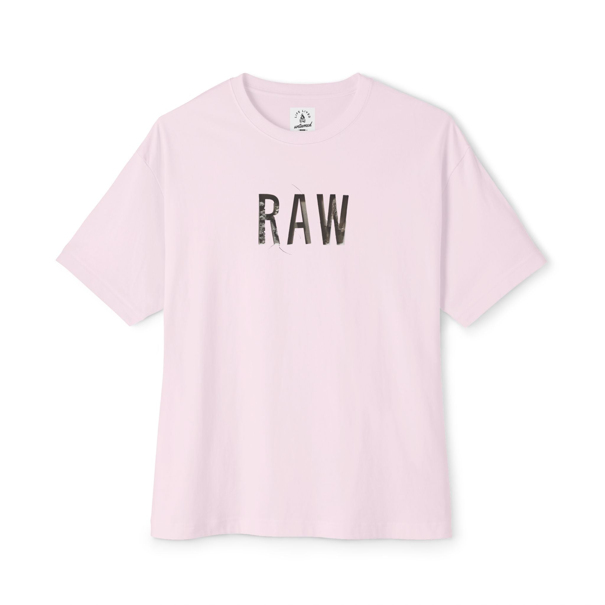Soft Pink t-shirt with 'RAW' text on a white background