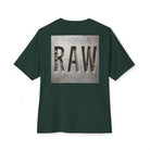 Green t-shirt with 'RAW' graphic on the back against a white background
