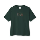 Green t-shirt with 'RAW' print on a white background