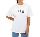 Person wearing a white t-shirt with 'RAW' printed on it against a white background