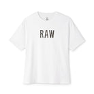 White t-shirt with 'RAW' text on a white background