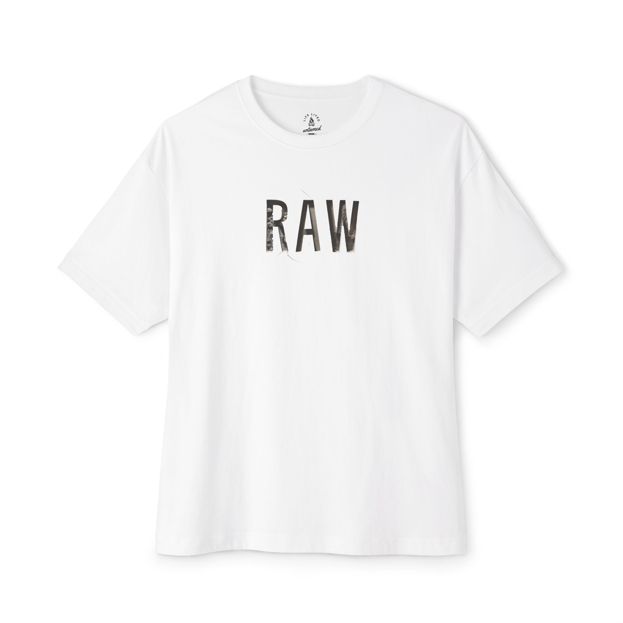 White t-shirt with 'RAW' text on a white background