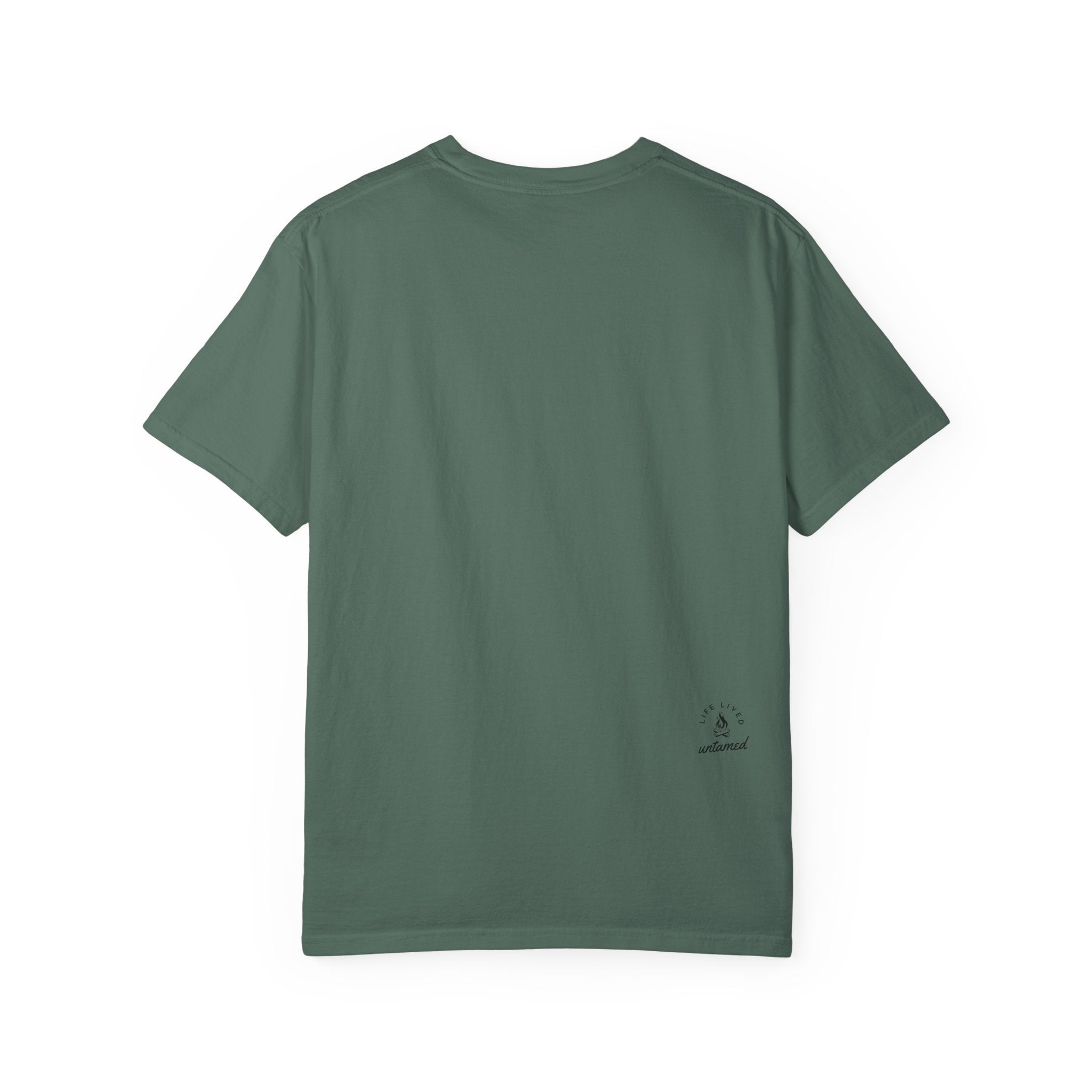Blue Spruce Green t-shirt with Life lived Untamed logo on a white background