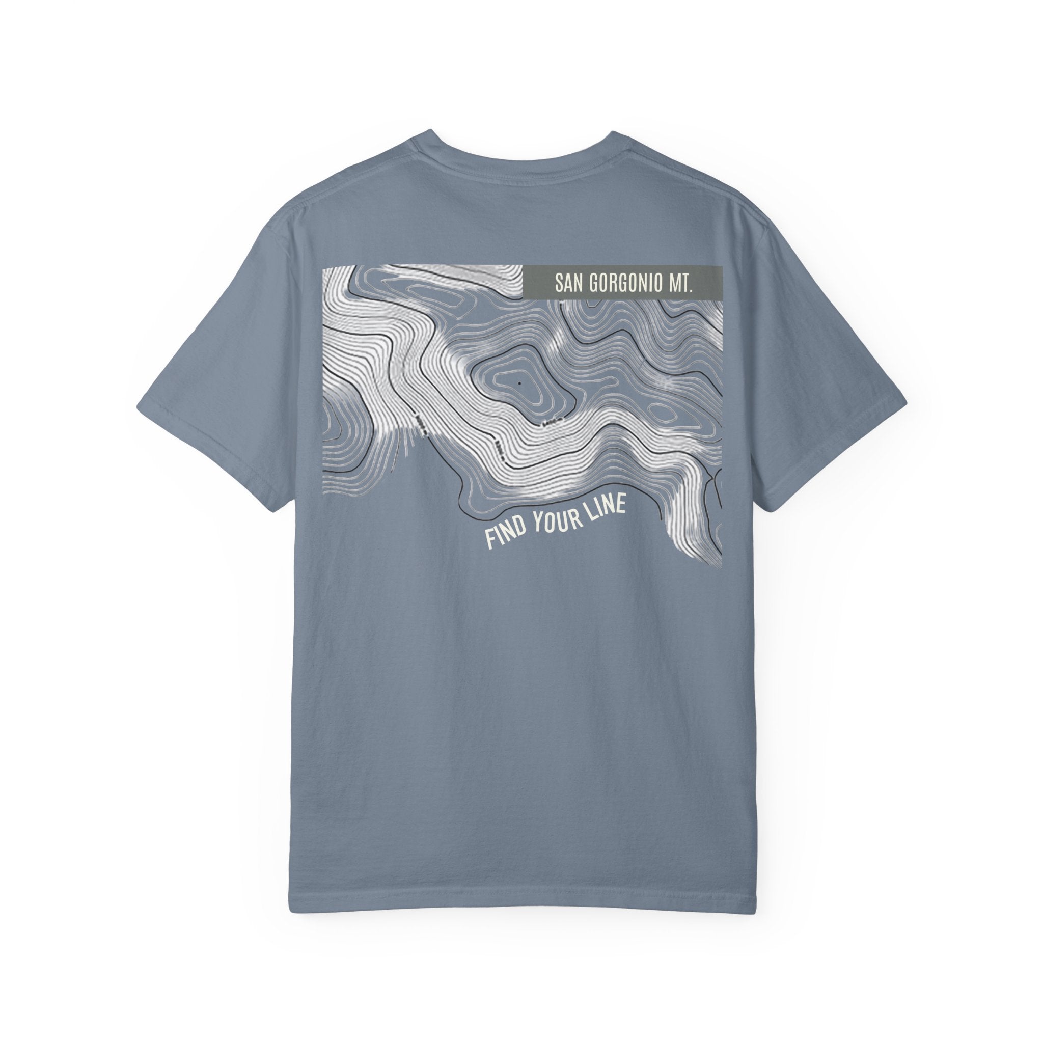 Denim Blue t-shirt with topographic design and text on a white background