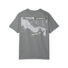 Gray t-shirt with topographic design and text on a white background