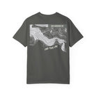 Pepper Gray t-shirt with topographic design and text on a white background