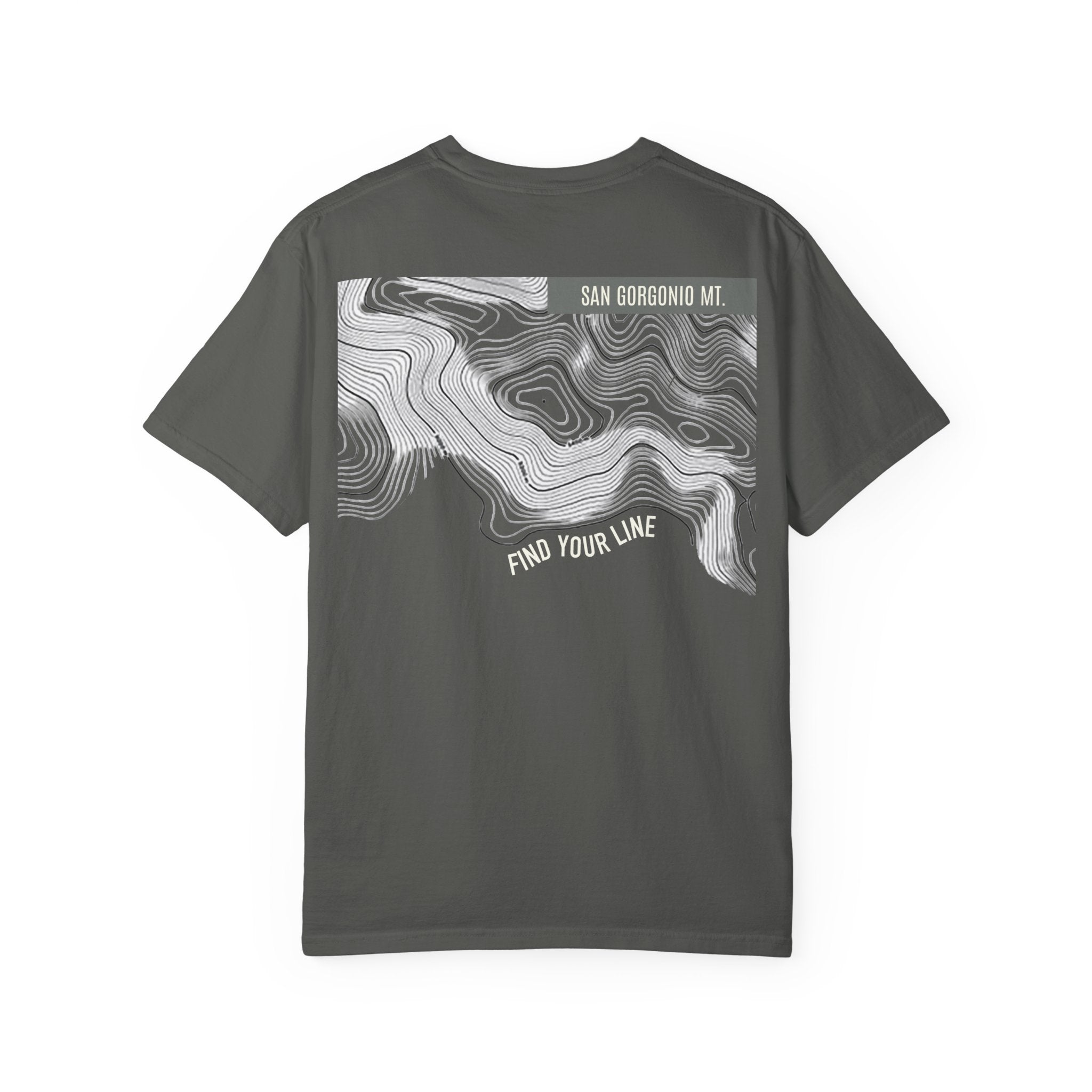 Pepper Gray t-shirt with topographic design and text on a white background