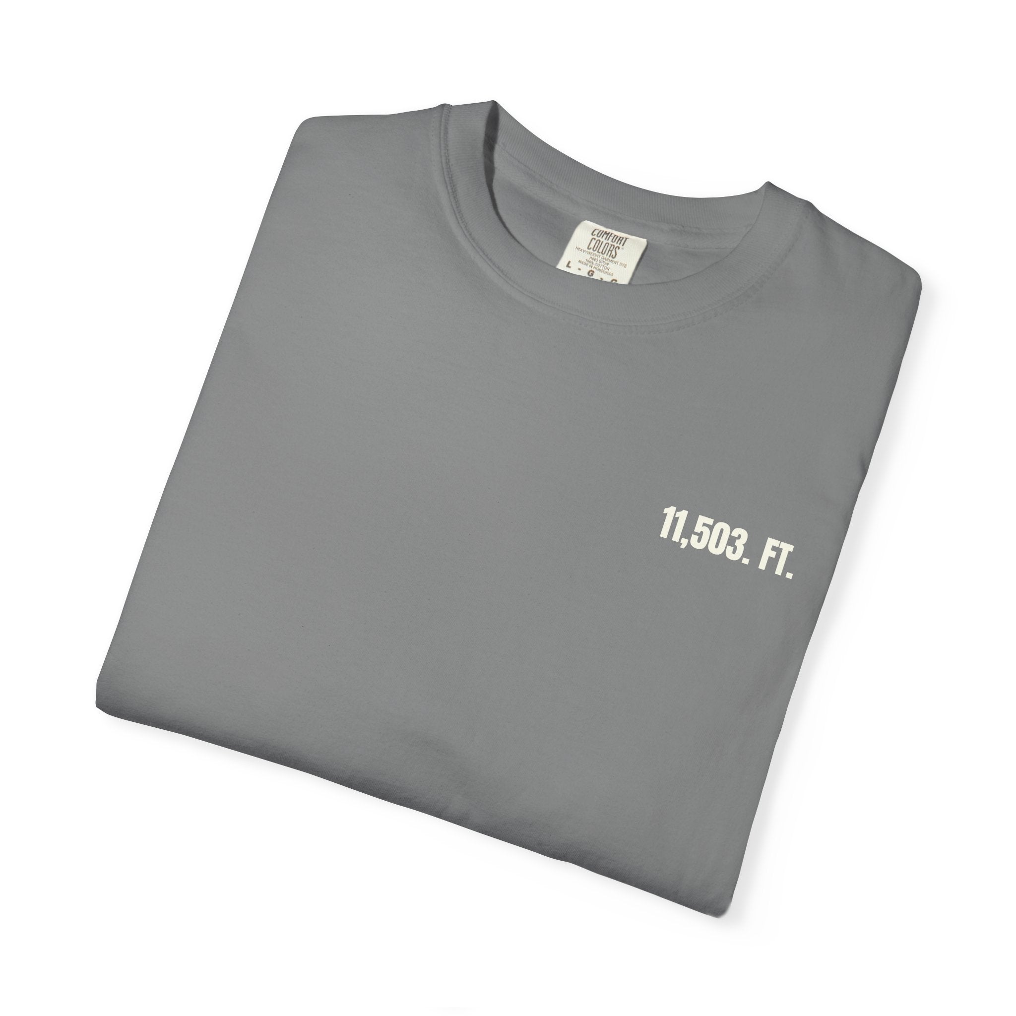 Folded gray t-shirt with '11,503. FT.' text on a white background