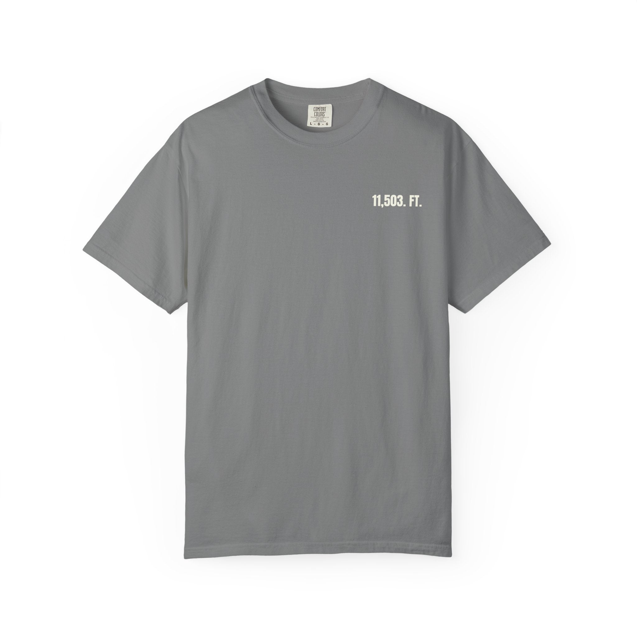 Gray t-shirt with '11,503 FT.' text on a white background