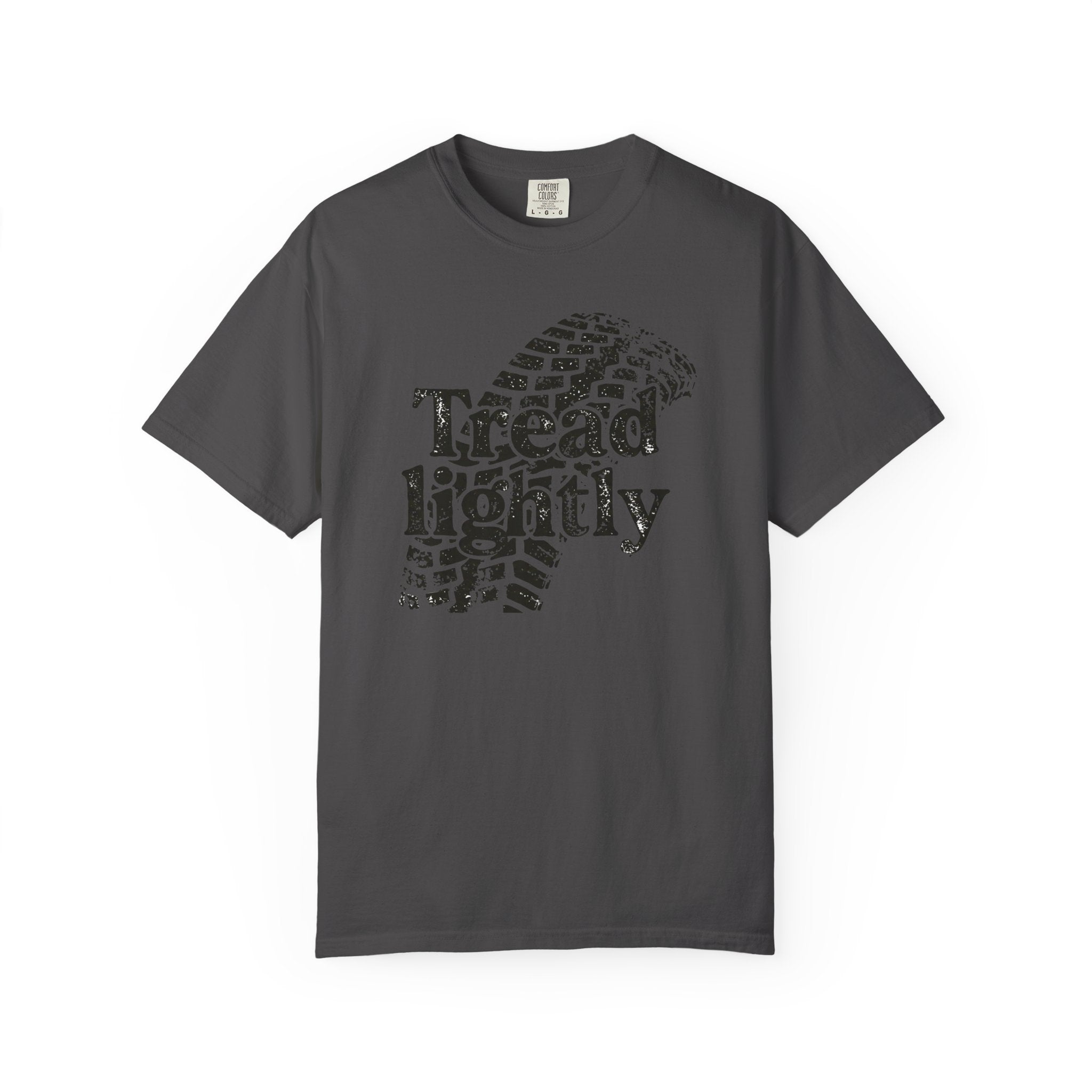 Graphite gray t-shirt with a black Tread Lightly graphic on it