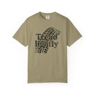 Khaki t-shirt with 'Tread Lightly' graphic design on