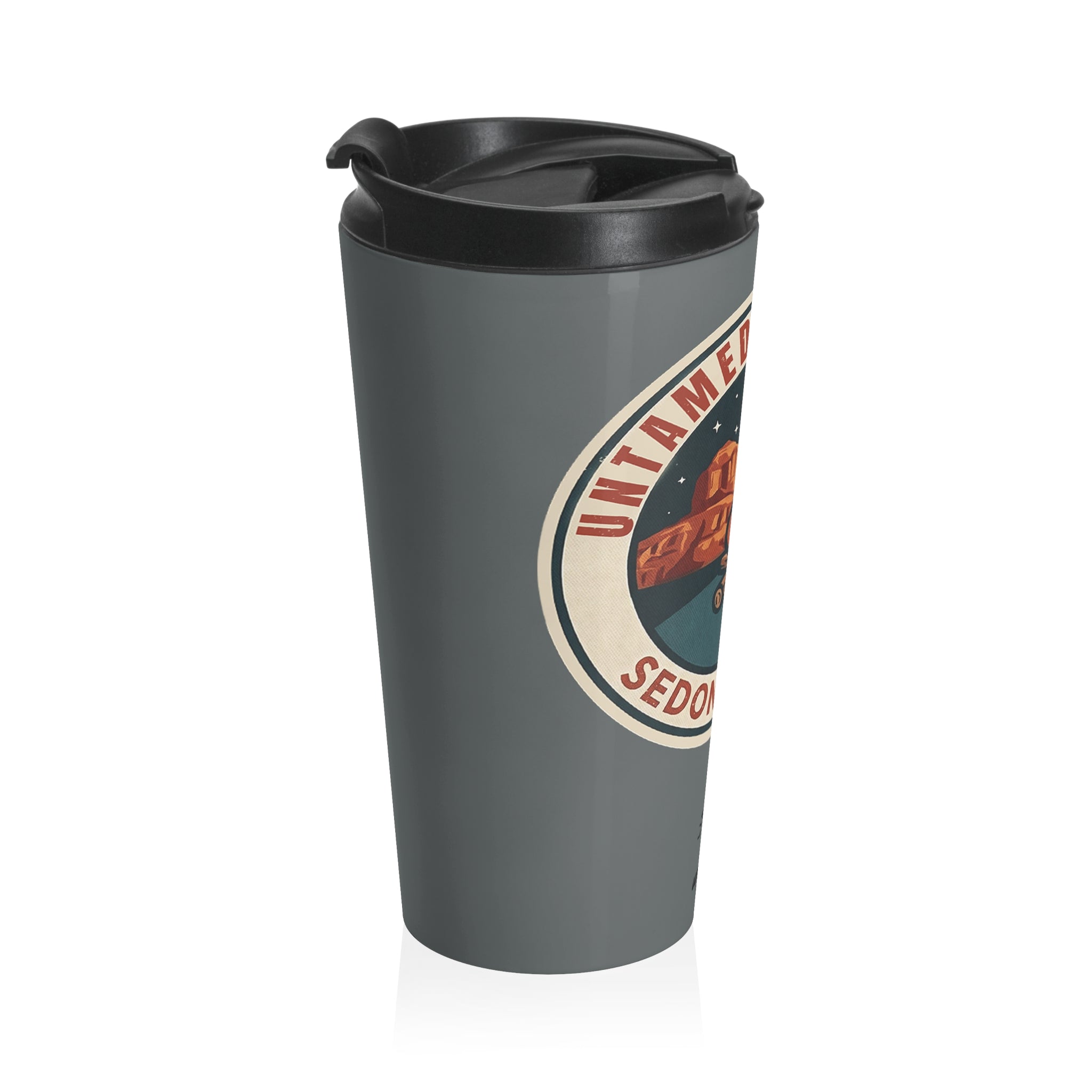 Gray travel mug with black lid featuring a part of graphic on a white background