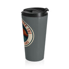 Gray travel mug with a logo on a white background