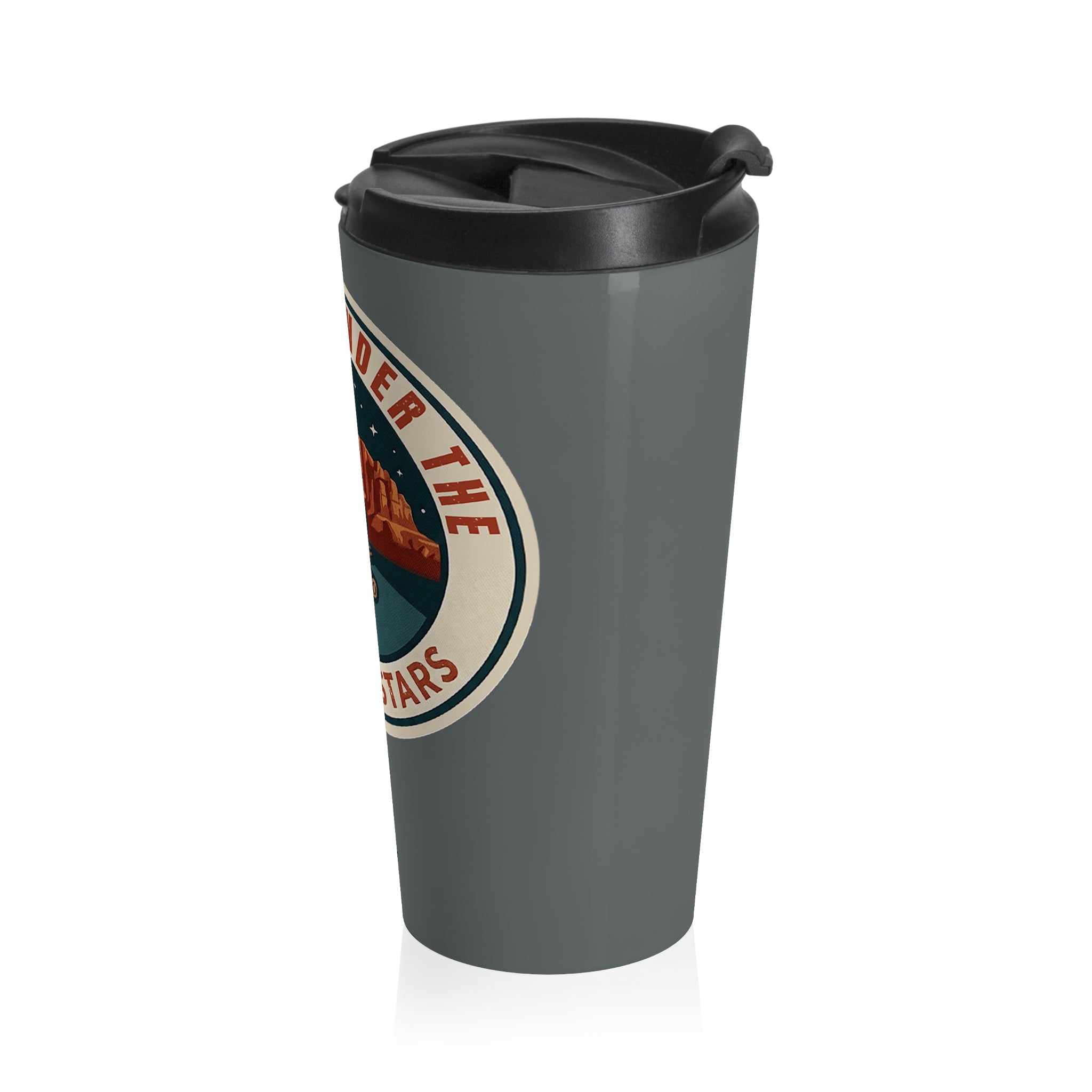 Gray travel mug with a logo on a white background