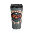 Gray travel mug with a graphic design featuring a star, mountains, and a campfire on a white background.
