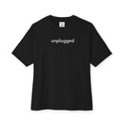 Unisex black Unplug Yourself Boxy Fit T-Shirt with white text, ideal for camping and relaxed wear.