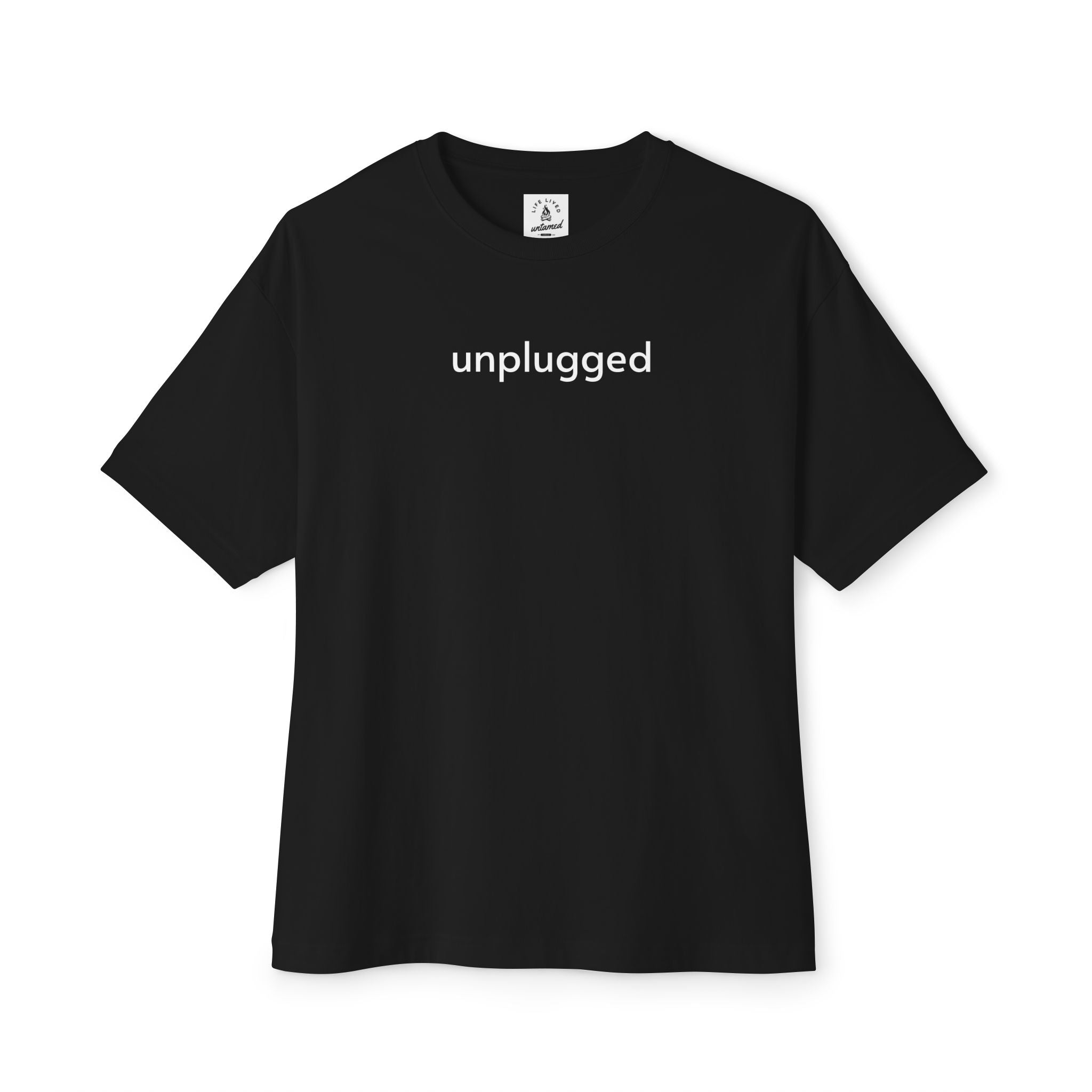 Unisex black Unplug Yourself Boxy Fit T-Shirt with white text, ideal for camping and relaxed wear.