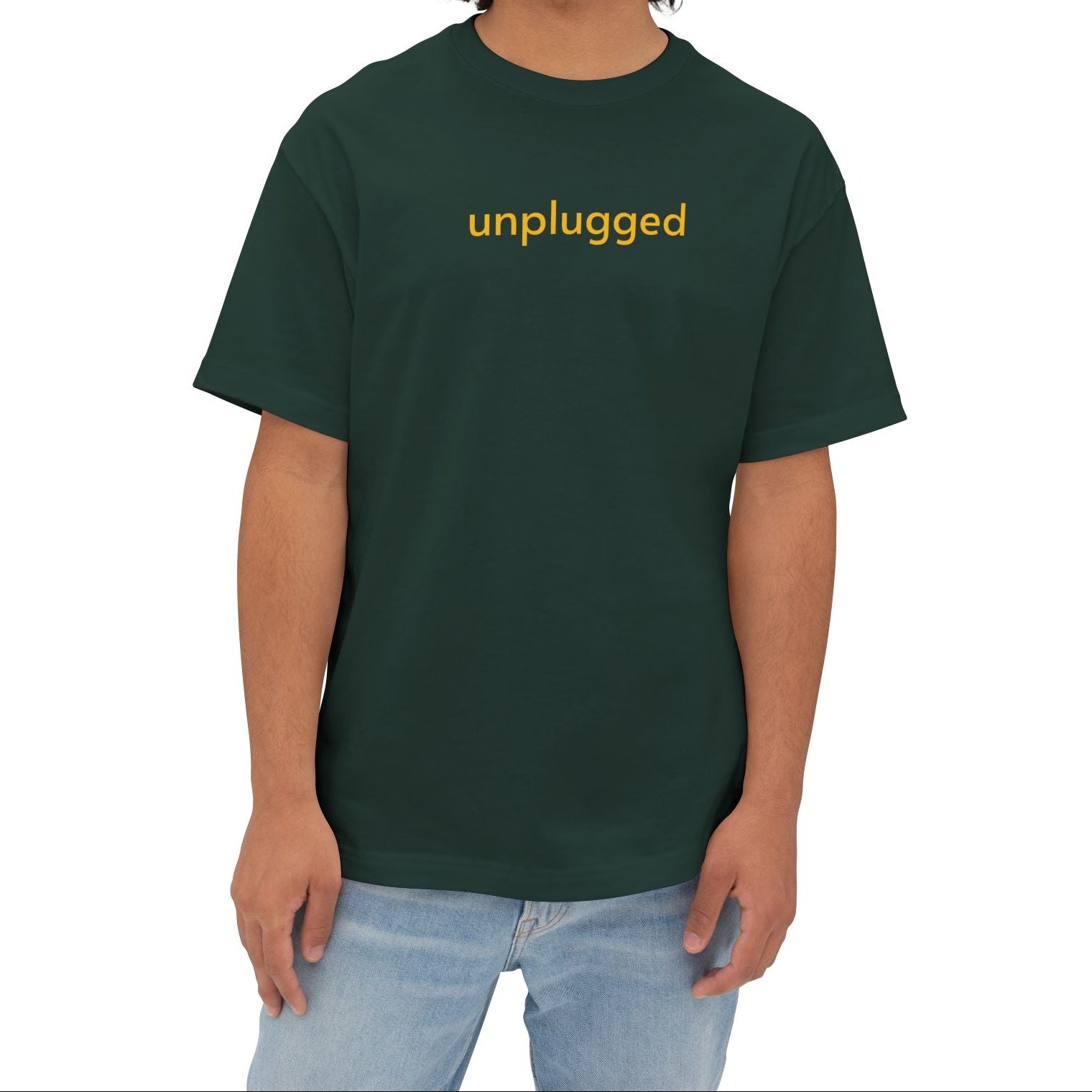 A men wearing Unisex forest green Unplug Yourself Boxy Tee made from soft Airlume cotton, perfect for outdoor adventure.