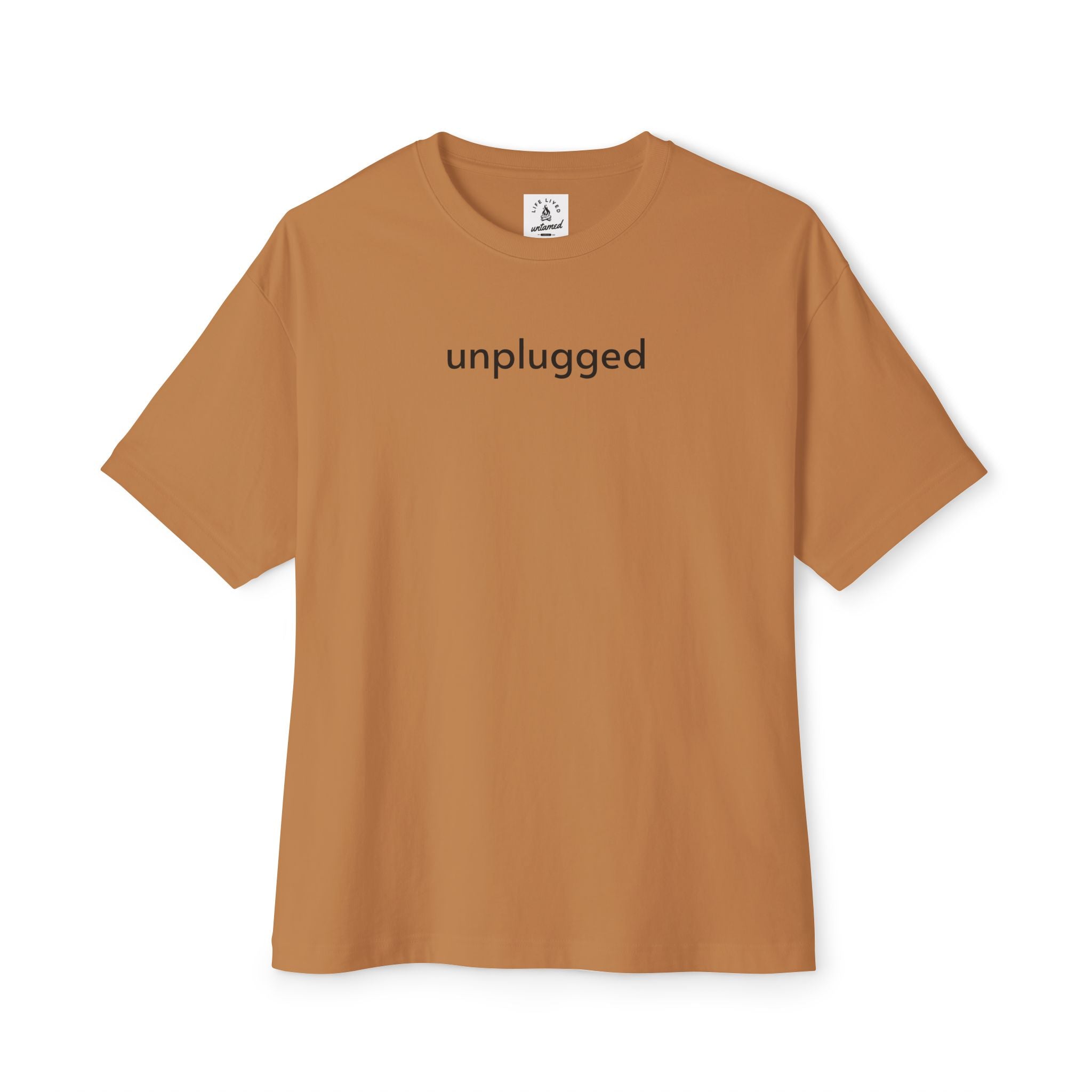 Toast brown Unplug Yourself Boxy Tee, soft Airlume cotton shirt for relaxed outdoor style.